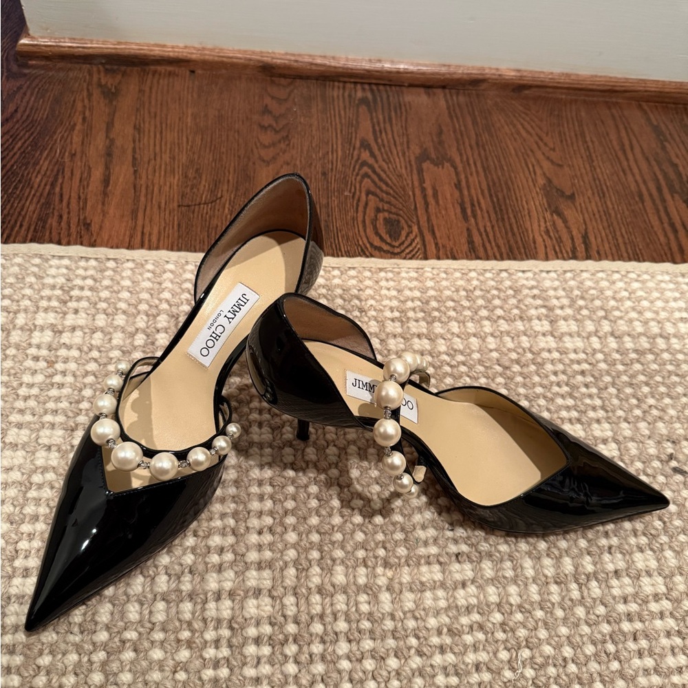 Jimmy Choo “Aurelie” 85 in Black Patent Leather